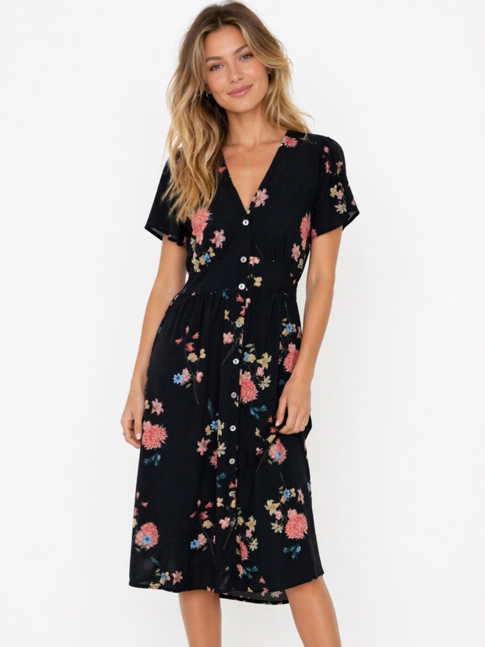 Roylamp Black Floral Midi Dress Smocked Waist Button Front Boho Cottagecore